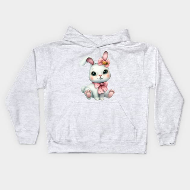 Cute rabbit with pink bows watercolor painting Kids Hoodie by Kontrix